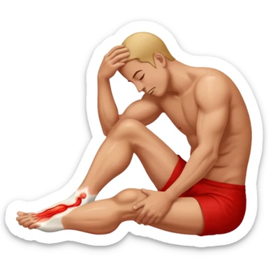 Man holding his foot in pain, muscle cramp in feet, red pain highlight on foot, simple medical emoji style, clean background sticker