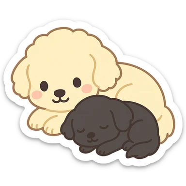 large light cream colored goldendoodle and small black golden retriever, chibi style, sleeping curled up together sticker