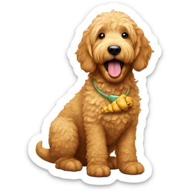 golden doodle with a dinosaur nugget in their mouth sticker