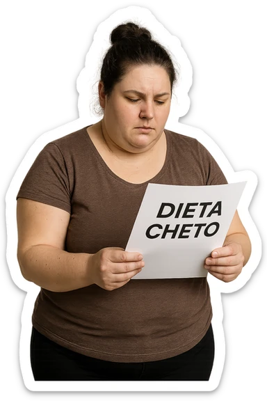 donna realistica leggermente in sovrappeso che legge un foglio con la scritta "dieta Cheto", sfondo bianco, iperrealistica 4k, IPERREALISTICA 4K sticker