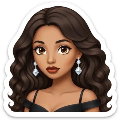 light brown skin tone, very beautiful woman, with big plump lips, long long lashes, black wavy long hair, brown eyes, black dress, diamond earrings sticker