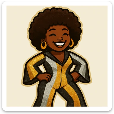 Create a 1970s disco emoji of a female African American with both hands on hips, big smile, afro hairstyle, and a 70s disco dress using only gold, silver, black, and white colors. The style is vibrant and pop colors icon style. sticker