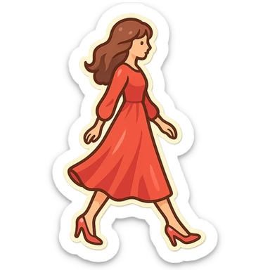 A girl walking from left to right, side view, wearing a long red dress and high heels, retro-stickers style, thin clean contours, soft rounded shapes, detailed drawing with shadows and highlights, pastel palette #98B5BC, #B5B3C1, #C9A3C9, #E4C0CA, #F7DCD1, #F7C0AA, modern Japanese pop art, soft lighting, transparent background, no extra decoration, focus on movement and elegance. sticker