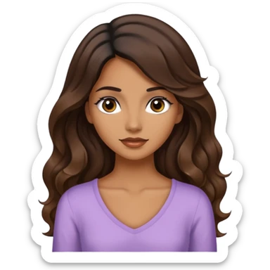 A woman with a medium tan skin tone, slightly on the darker side, with long wavy dark brown hair that reaches the middle of her back. She has black eyes. Her face is soft and feminine sticker