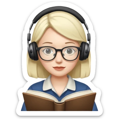 person with headphones and a book sticker