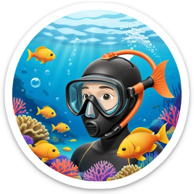 An icon featuring a close-up of a freediving mask and snorkel, with a breath-holding diver's fins, set against a vibrant underwater world. The design includes coral reefs, fish, and bubbles, symbolizing the serene beauty and thrill of freediving. Transparent background highlights the calm sticker