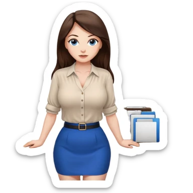 sexy woman brunette, very large breasts, pale skin, blue eyes, long brown hair, white blouse, short black skirt. office.  sticker