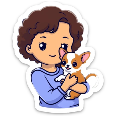 white girl with curly brown hair holding a chihuahua puppy sticker