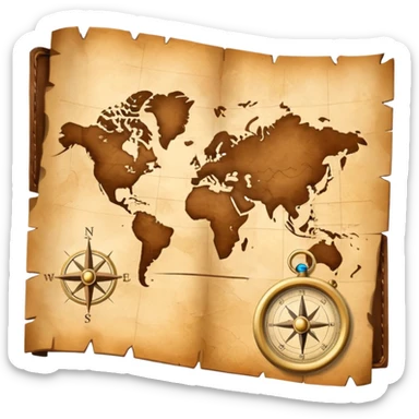 Brown golden map with Travel compass pointing to adventure sticker