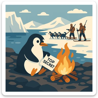 flat toon style penguin on a rocky polar shore, burning secret materials in a campfire, glancing around; far background, two people with wolf sled, rifles, skis sticker