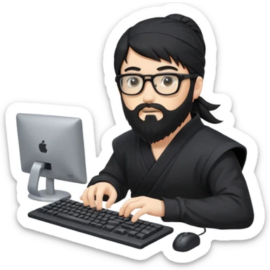 Man with black hair and beard wearing glasses in a ninja costume. Keep the top left version, make the beard longer and add a computer keyboard  sticker