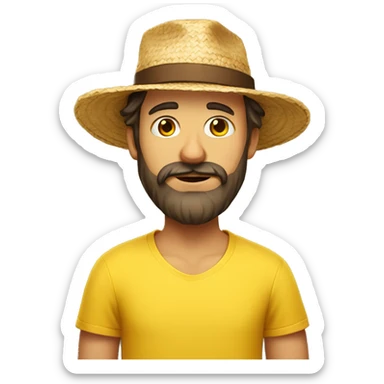 european man with a brown beard wearing a straw hat and a yellow t-shirt sticker