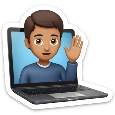 A dark-colored laptop with the screen open. From the screen, a person is emerging, giving a lecture or teaching. The person should look expressive and in a teaching pose. Soft shadows, semi-3D emoji style, clean background. sticker