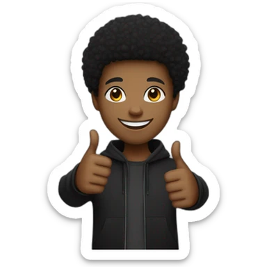 young afro-descendant man showing thumbs up with friendly face and a slightly trimmed afro haircut on the sides wearing black urban clothing and wearing a black cap sticker