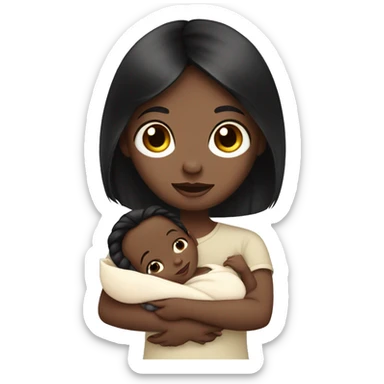 Pale girl with long black hair is holding a newborn baby sticker
