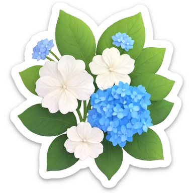 White and blue gradient hydrangea (ajisai) flower in Japanese woodblock print style, with seasonal rain elements and kanji-inspired background, Edo period aesthetic sticker