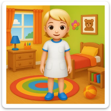 Add a colorful bedroom background with bright walls, playful decorations, and a cozy rug. Keep the room tidy and inviting in emoji style sticker