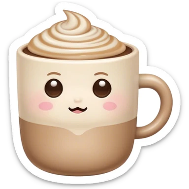 Cute Kawaii Coffee Cup, cozy and warm, a tiny swirl of steam shaped like a heart, round chubby face with a sleepy but content expression, soft pastel brown and cream colors, perfect morning vibes! sticker