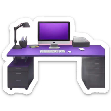 web developers desk with purple screen sticker