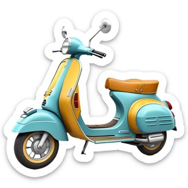 Cinematic Realistic Vespa Scooter Emoji, depicted as a stylish vintage Vespa with sleek retro design and vibrant colors, rendered with crisp textures and dynamic sunlit lighting that captures its iconic Italian charm. sticker