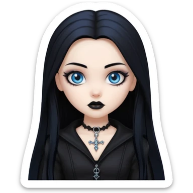 goth bratz baddie, beautiful blue eyes, gothic black makeup, long straight black hair, black gothic hair styled, black goth clothes sticker