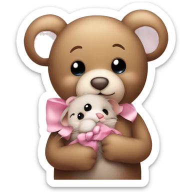 Teddy bear hugging a cute mouse with a pink bow sticker