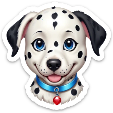 Cinematic Cute Harlequin Dalmatian Portrait Emoji, Head tilted playfully and inquisitively, featuring a glossy Fur of predominantly white with dynamic black patches, round, sparkling blue eyes filled with gentle curiosity, Simplified yet irresistibly adorable features, highly detailed, glowing with a warm, friendly glow, high shine, affectionate and gentle, stylized with a touch of whimsy, bright and endearing, soft glowing outline, capturing the essence of a mischievous yet loving pup, so playful it feels like it could lumber out of the screen and into your arms! sticker