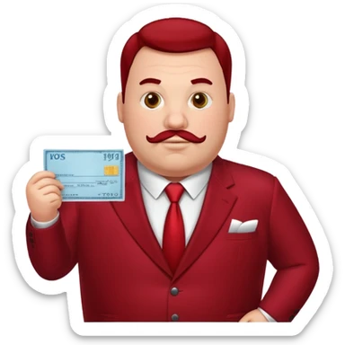 big fat guy bold head in dark red velvet suit holding cheque sticker