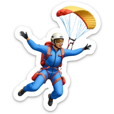 A base jumper soaring through the air, parachute deployed, flying off a steep mountain peak. The background is filled with majestic mountains, clear blue sky, and distant clouds, capturing the exhilarating thrill and beauty of extreme sports. sticker