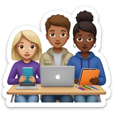 three diverse design students working on creative project with art supplies and laptops sticker