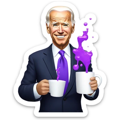 biden with purple liquid spilling out of white cup sticker