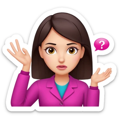 Social media manager. She has dark brown hair, brown eyes, , confused expression, raised eyebrows, questioning face, one hand on the head as if not understanding analytics.. Use vibrant colors with a focus on pink and fuchsia tone sticker