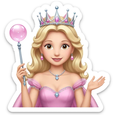 glinda the good witch from wicked movie, blonde hair, beautiful, big silver thin tiara, bubble wand, pink gown sticker