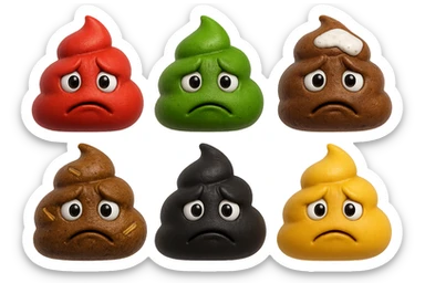 emoji stile iphone 3d di una cacca di colore rosso, una cacca di colore verde, una cacca di colore marrone con muco bianco visibile sopra,  una cacca di colore marrone con penne di pasta a pezzetti visibili all'interno di essa,  una cacca di colore nero e una cacca di colore giallo, tutte le cacche hanno un espressione triste, iperrealistiche 4k sticker