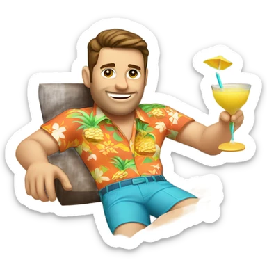 White man with brown hair lounging by pool wearing Hawaiian shirt drinking pina colada sticker