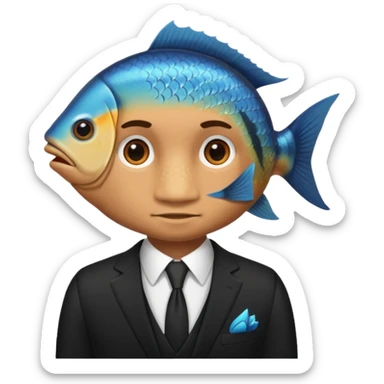 A man wearing nice black suite, and he has a fish head sticker