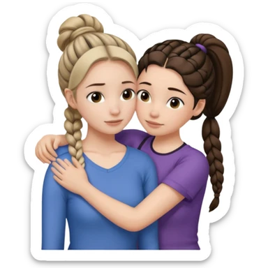 Comforting Hug two white skin women, one shorter woman with medium brown simple top ponytail, not braided, and one taller woman with a single long black side braid sticker