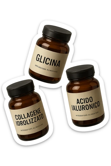 3 BARATTOLI DI INTEGRATORE CON LA SCRITTA: COLLAGENE IDROLIZZATO, GLICINA, ACIDO IALURONICO FLUTTUANO IN ARIA, IPERREALISTICA 4K sticker