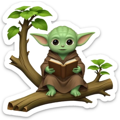 Baby Yoda con su tunica chocolate leyendo en un bosque sentado en una rama caida de un arbol sticker