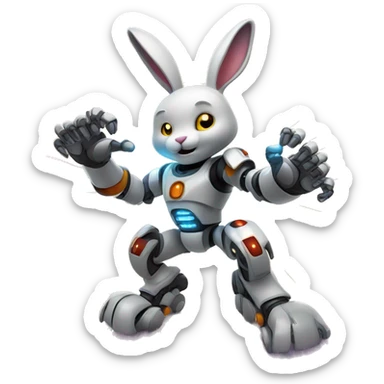 The robot rabbit surrounded by glowing effects or energy lines, with its fist in the air as if powering up. sticker