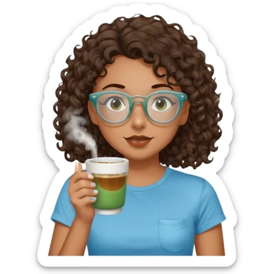 White girl with dark brown curly hair, brown eyes, sky blue glasses, nose ring, green t shirt, drinking coffee from a glass cup sticker