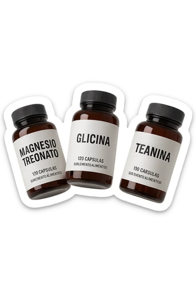 3 boccette di integratori: Magnesio Treonato, glicina, teanina in italiano, fluttuano in aria sticker