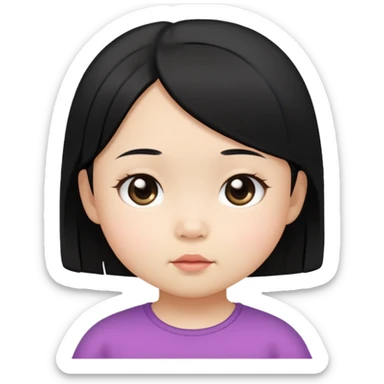 close up toddler girl face, Asian small eyes, light skin, straight black hair, no body, no neck sticker