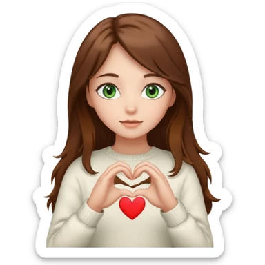 Girl green eyes brown long hair white warm sweater doing hands heart sticker