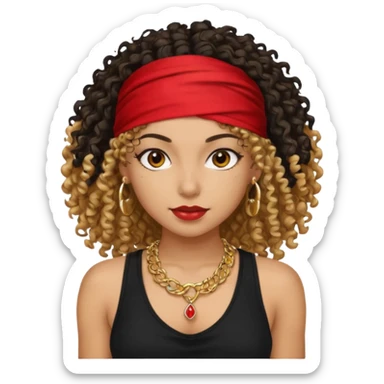 Baddie girl with black  tank top curly hairss and bandana and jwellery face only not body sticker