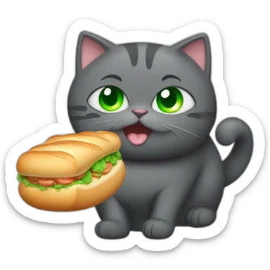 happy dark grey fat cat with green eyes and short tail eating a baguette sticker
