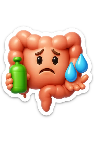 EMOJI STILE IPHONE DI un'intestino preoccupato che ha una bombola di gas in mano e due gocce di acqua in 3d nell'altra mano, IPERREALISTICO 4K sticker