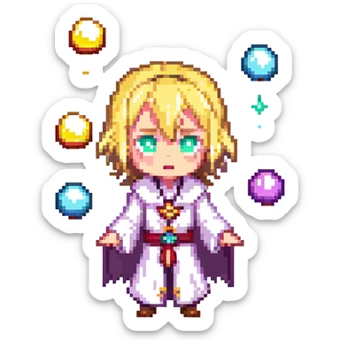 chibi Invoker from Dota 2, shocked, magical orbs floating, colorful, expressive, pixel art style, standing, transparent background, 512x512 sticker