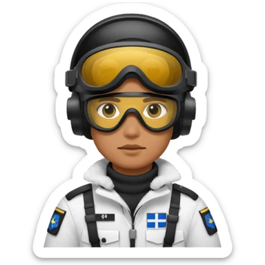 A brutal Finnish modern soldier in a white snow uniform. with black night vision goggles sticker