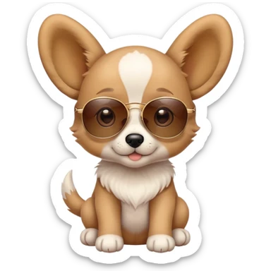 Cute puppy with oversized ears wearing sunglasses and a tiny hat sticker